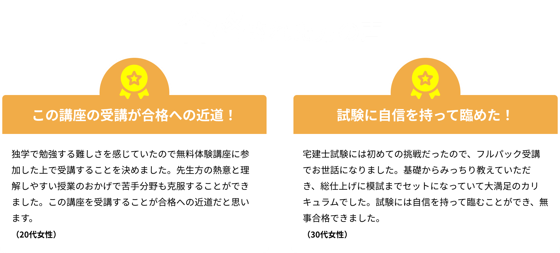 合格された方の声。独学の不安を払拭できる講座！合格できる戦力的なアドバイス！
